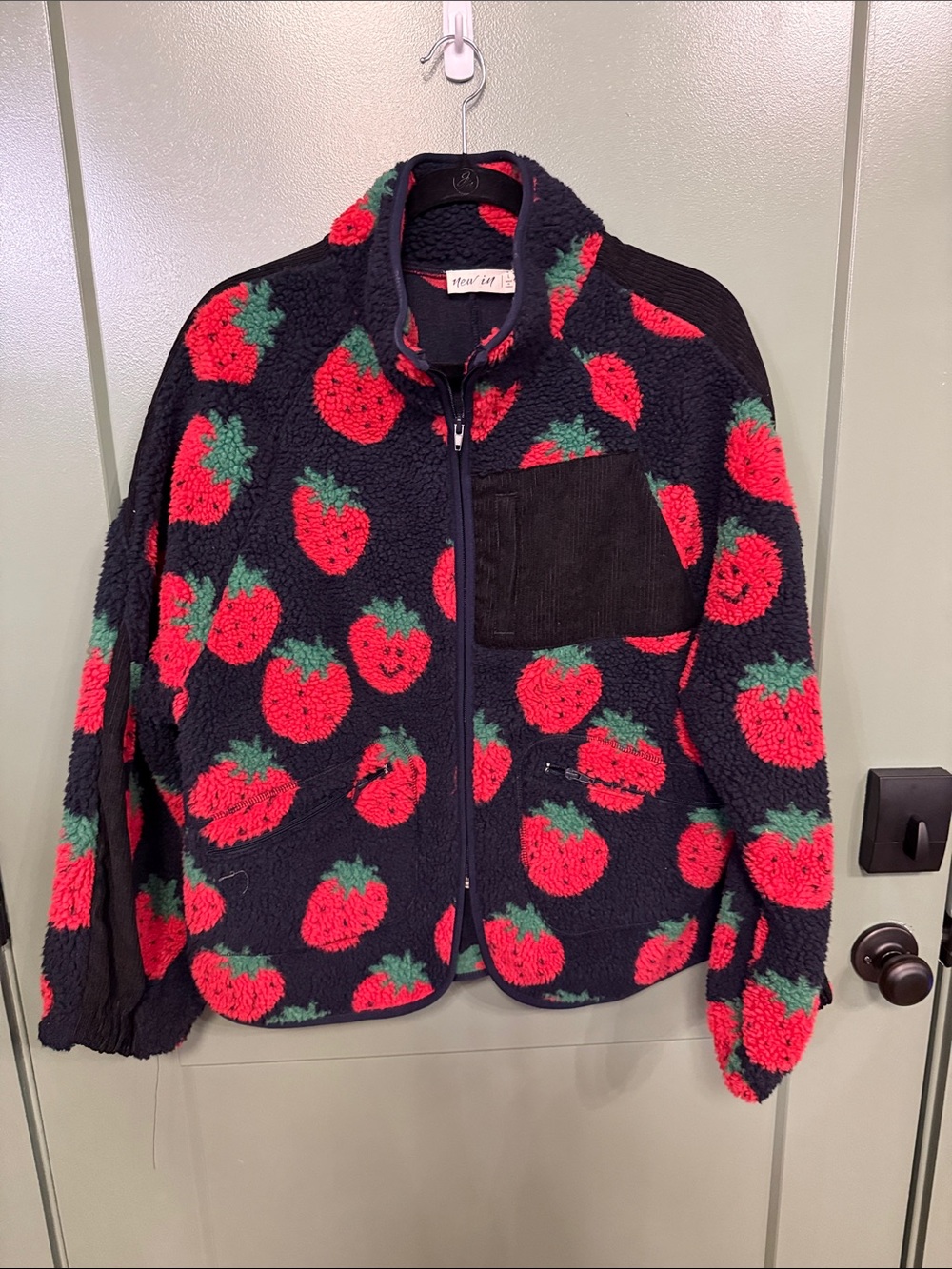 Ladie’s Strawberry Print Sherpa Jacket - Black & Red - Picture 1 of 7